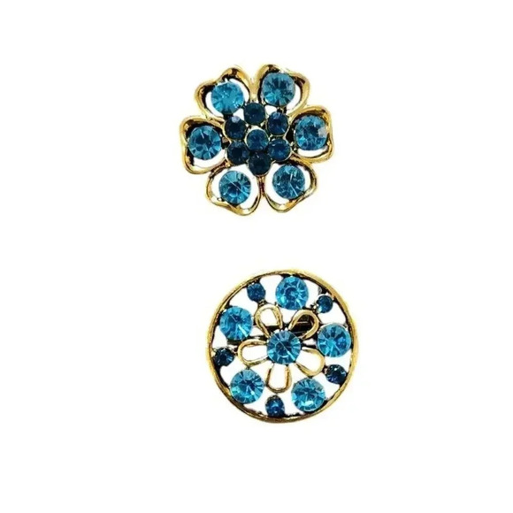 Source Unknown Jewelry - 2 Teal Blue Color Glass stone Rhinestone Brooch Pin flower 1” Gold Tone